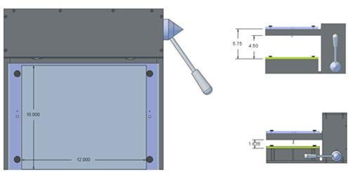 Diagram of a larger mechanical press showing top and side views with labeled dimensions.