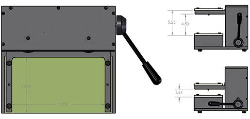 Technical drawing of a mechanical press showing the top and side views with key dimensions.